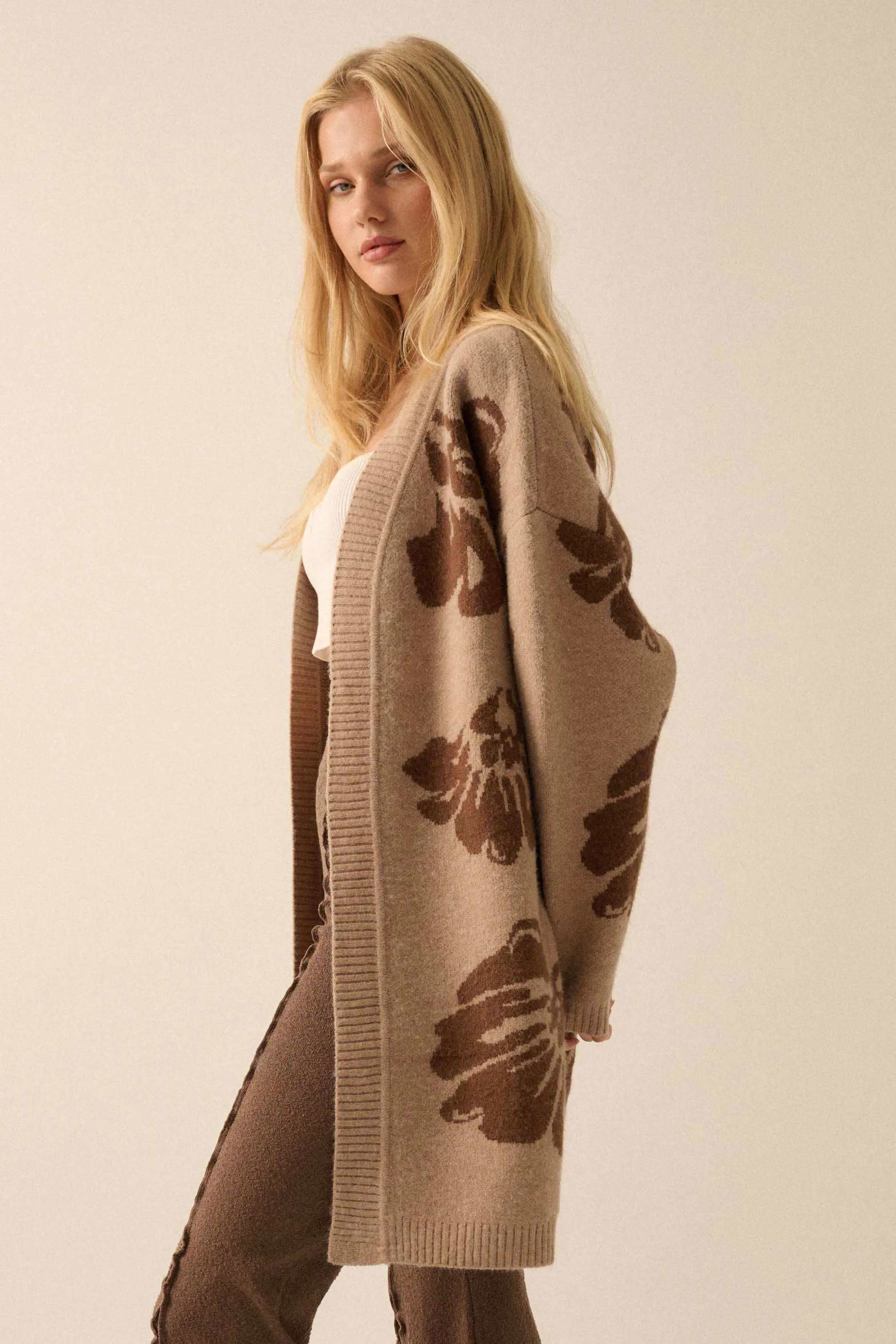 Cozy Blooms Open-Front Floral Jacquard Cardigan