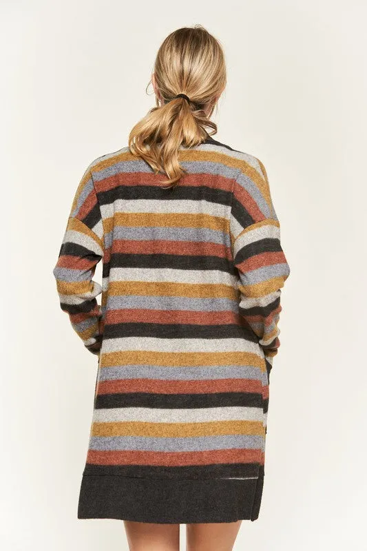 Cozy Striped Open Front Sweater Cardigan with Pockets