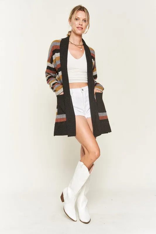Cozy Striped Open Front Sweater Cardigan with Pockets