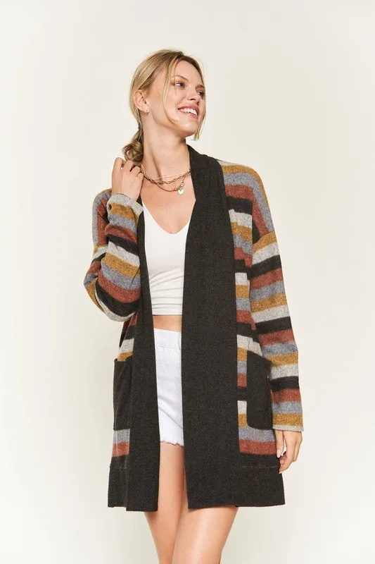 Cozy Striped Open Front Sweater Cardigan with Pockets