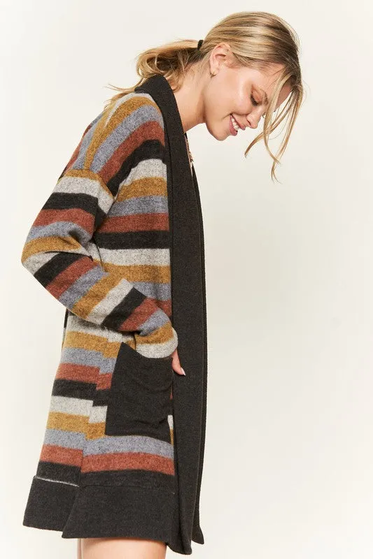 Cozy Striped Open Front Sweater Cardigan with Pockets