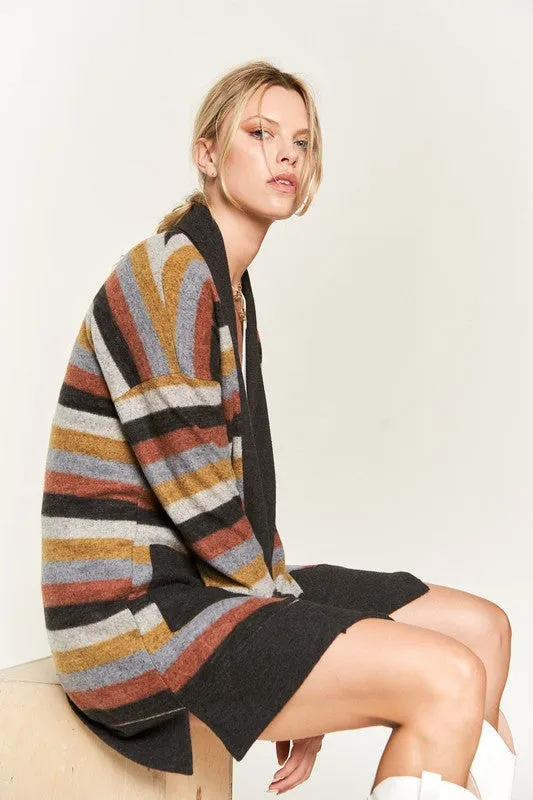 Cozy Striped Open Front Sweater Cardigan with Pockets