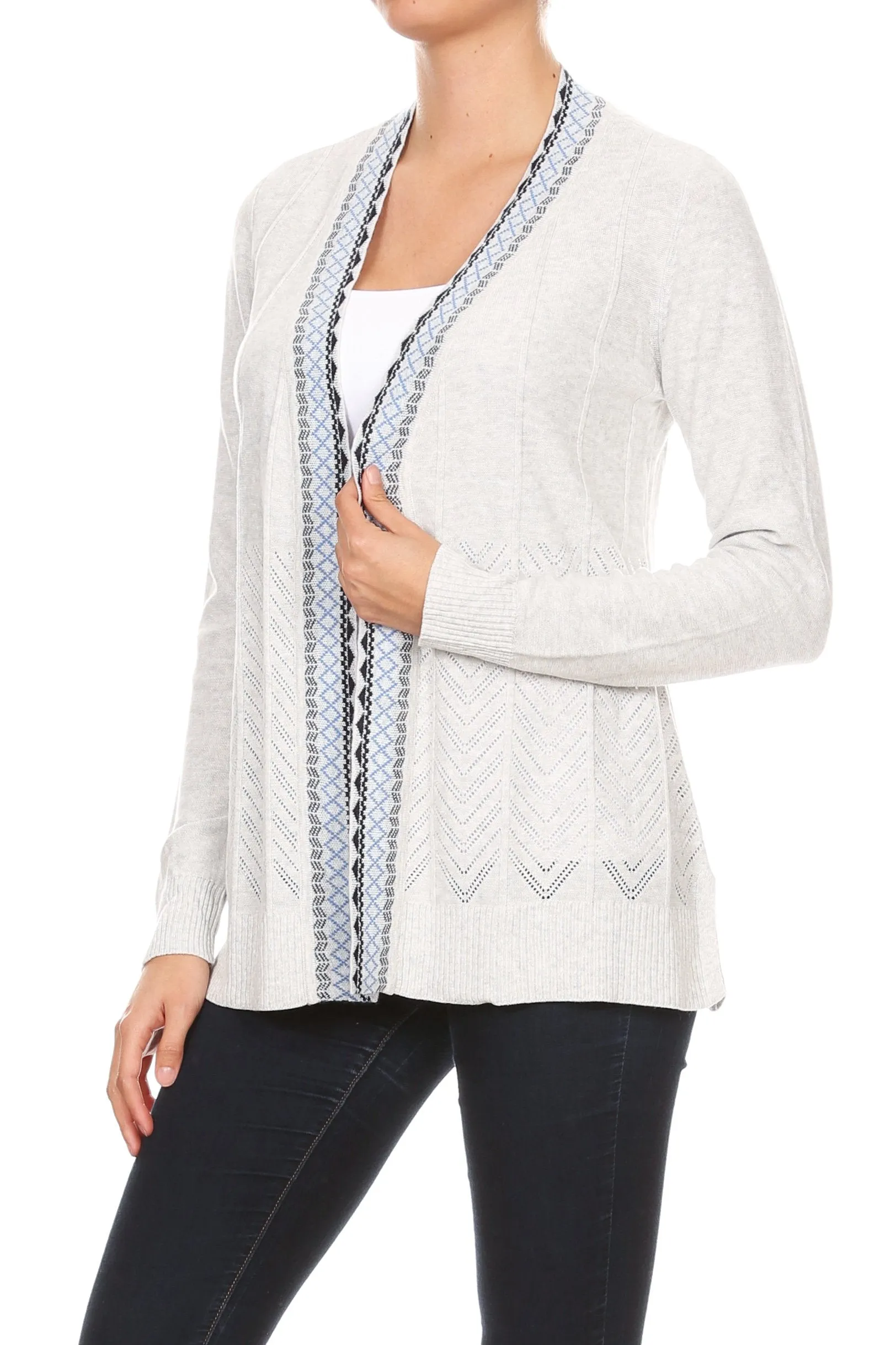 Embroidered Placket Cardigan with Pointelle Detail