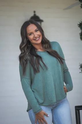Olive Textured V Neck Long Sleeve Top