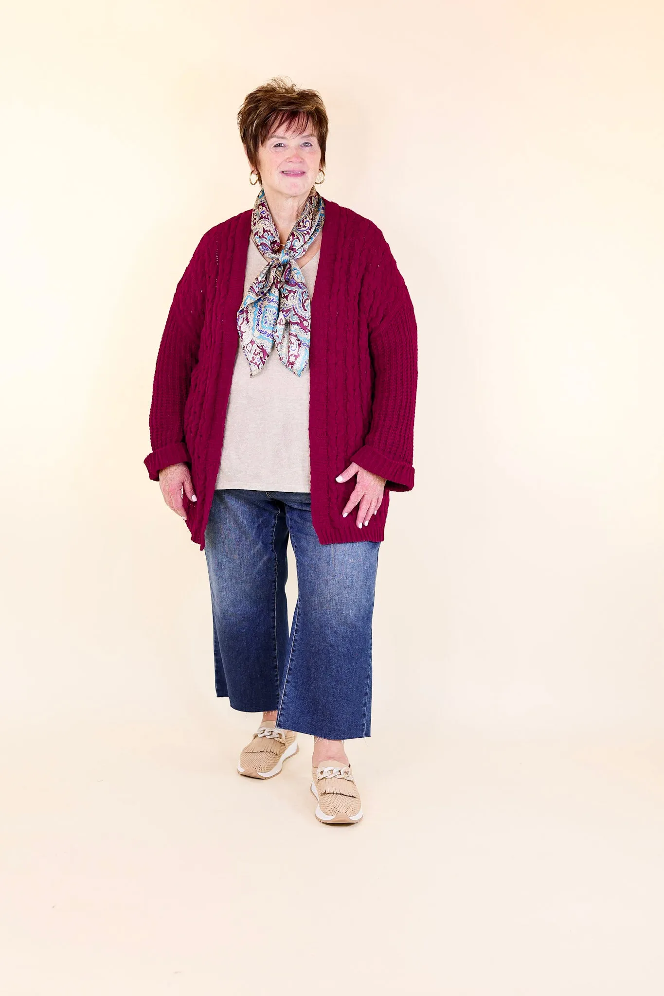 On My Level Chenille Cable Knit Open Front Cardigan in Maroon