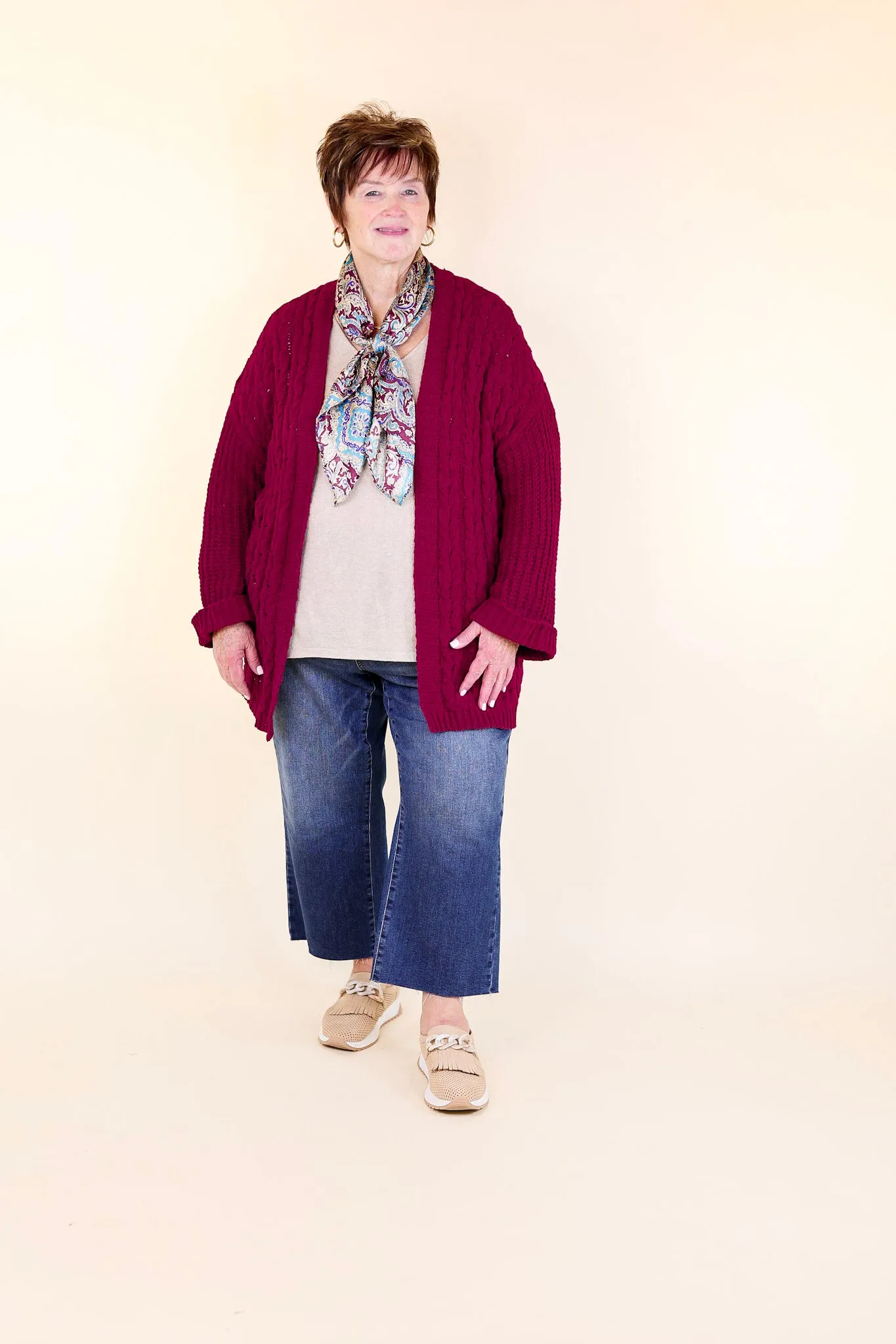 On My Level Chenille Cable Knit Open Front Cardigan in Maroon