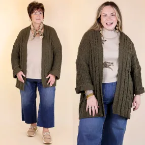 On My Level Chenille Cable Knit Open Front Cardigan in Olive Green