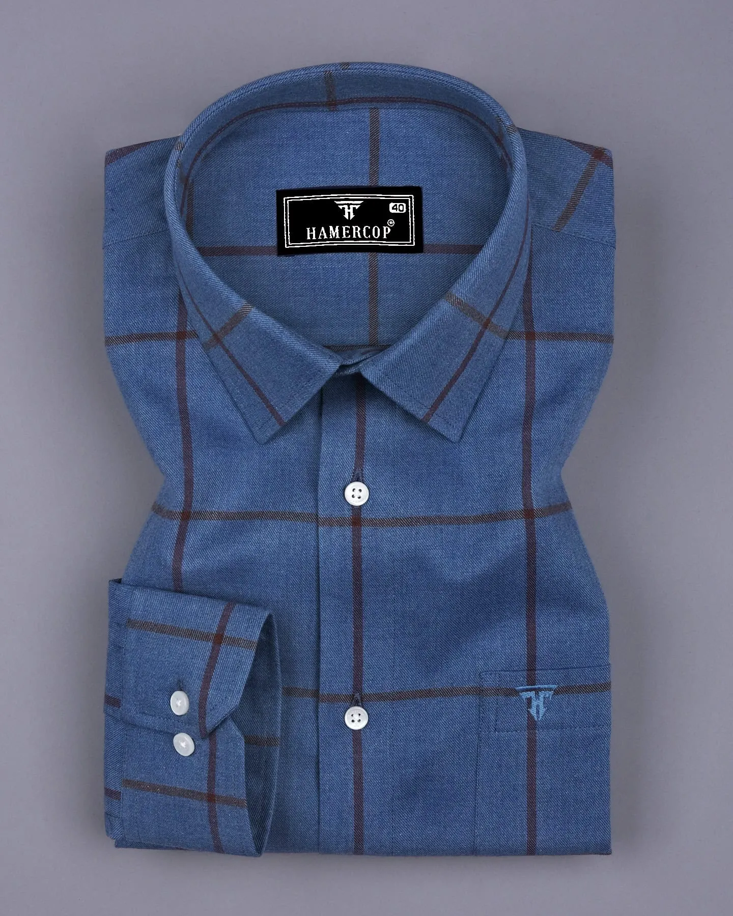 Pluto Blue With Brown Plaid Flannel Twill Check Cotton Shirt