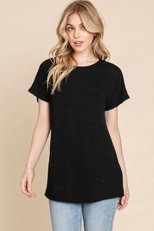 Ribbed Pocket Tee-Black