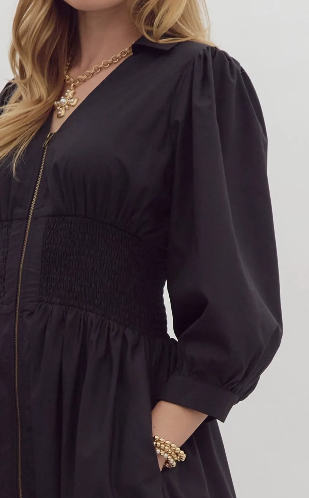 Solid 3/4 Sleeve Collared Zip-Up Midi Dress