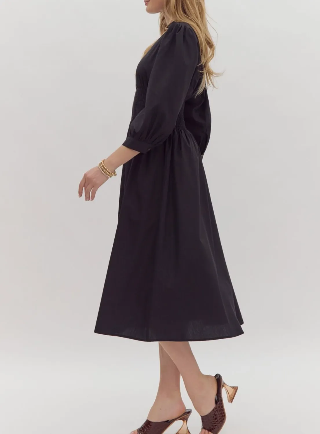 Solid 3/4 Sleeve Collared Zip-Up Midi Dress