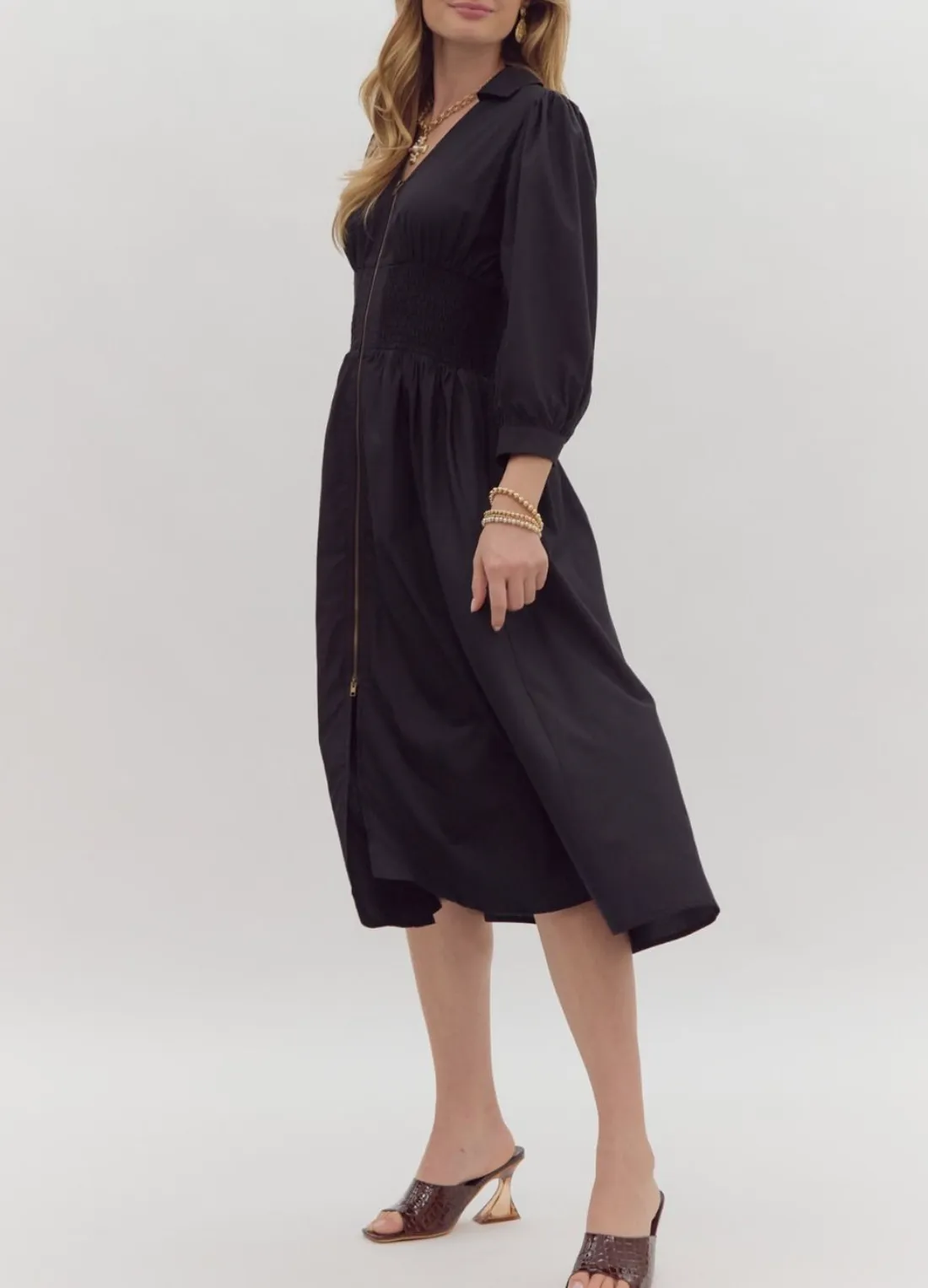 Solid 3/4 Sleeve Collared Zip-Up Midi Dress