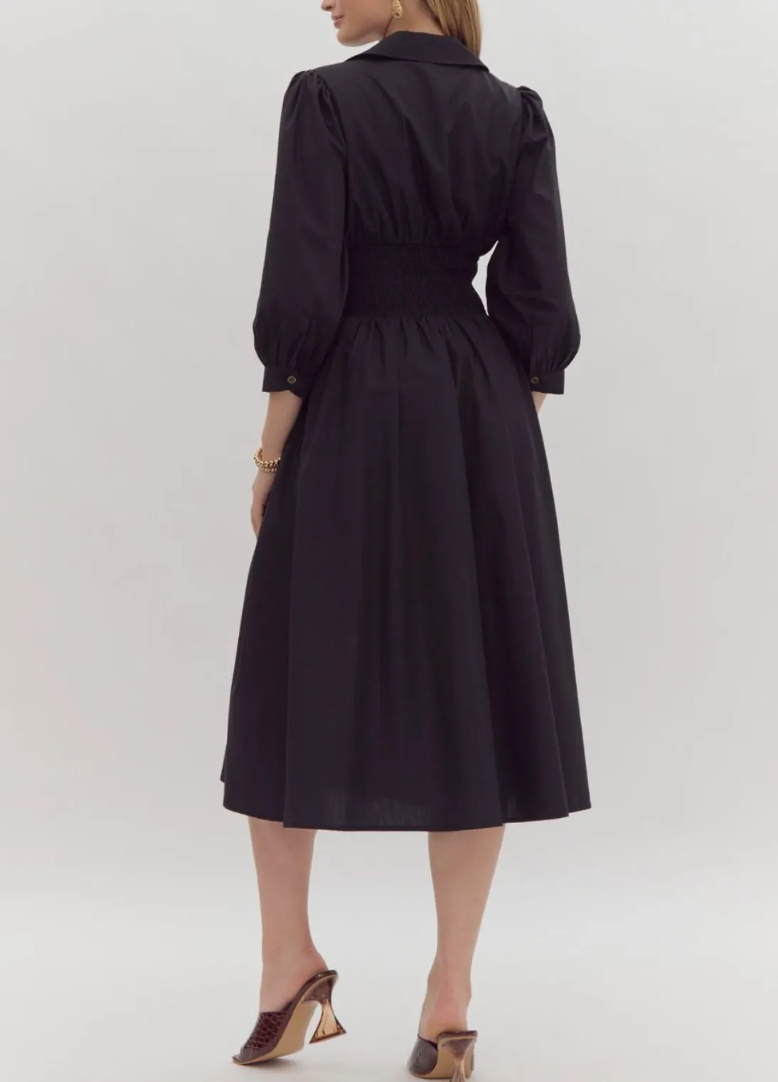 Solid 3/4 Sleeve Collared Zip-Up Midi Dress